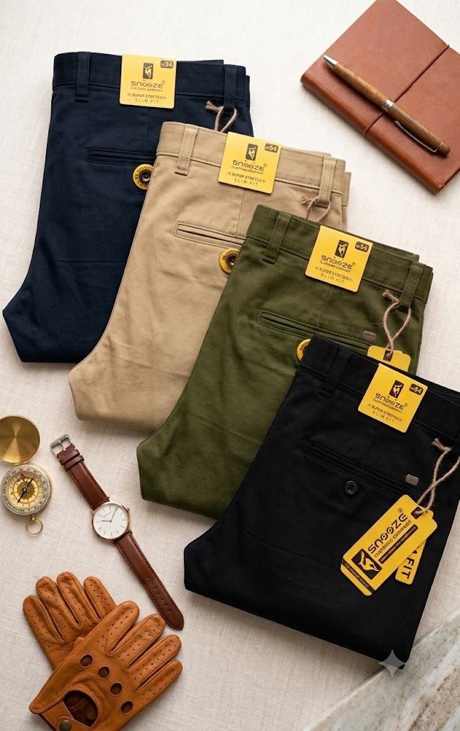 Four folded pairs of Snooze chinos laid out with hangtags