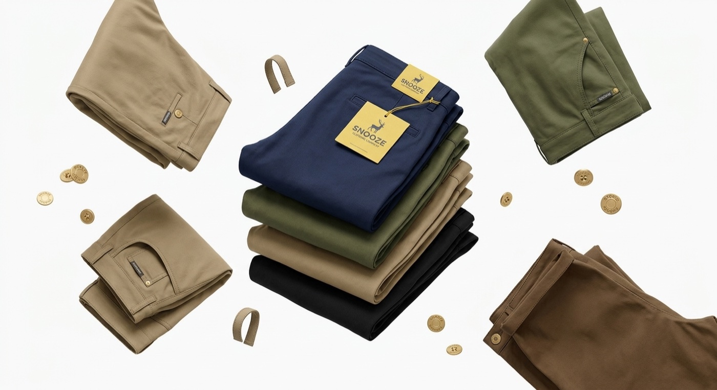 Folded Snooze chinos and gold coin buttons floating on white