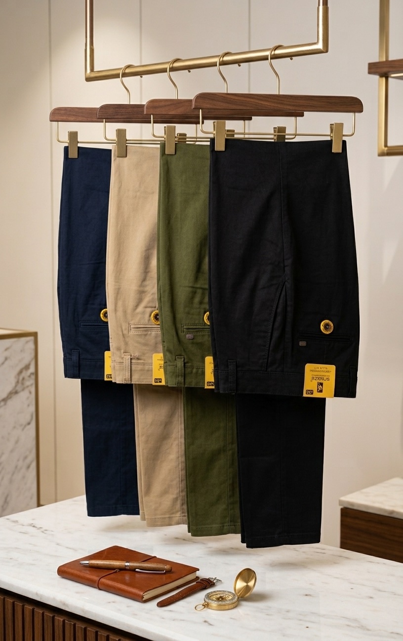 Snooze chinos hung on a brass rail in navy, beige, olive and black