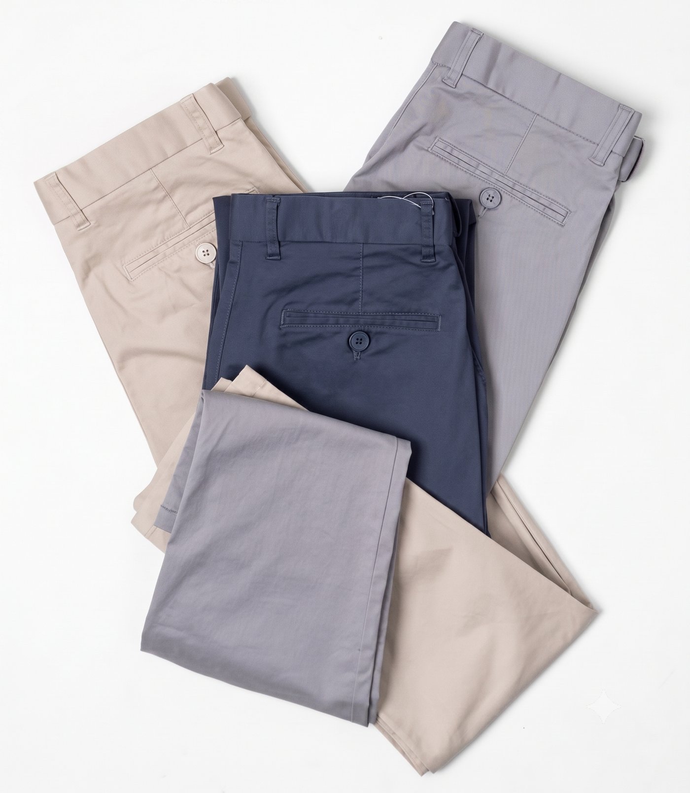 Snooze super stretch chinos fanned in beige, navy and grey
